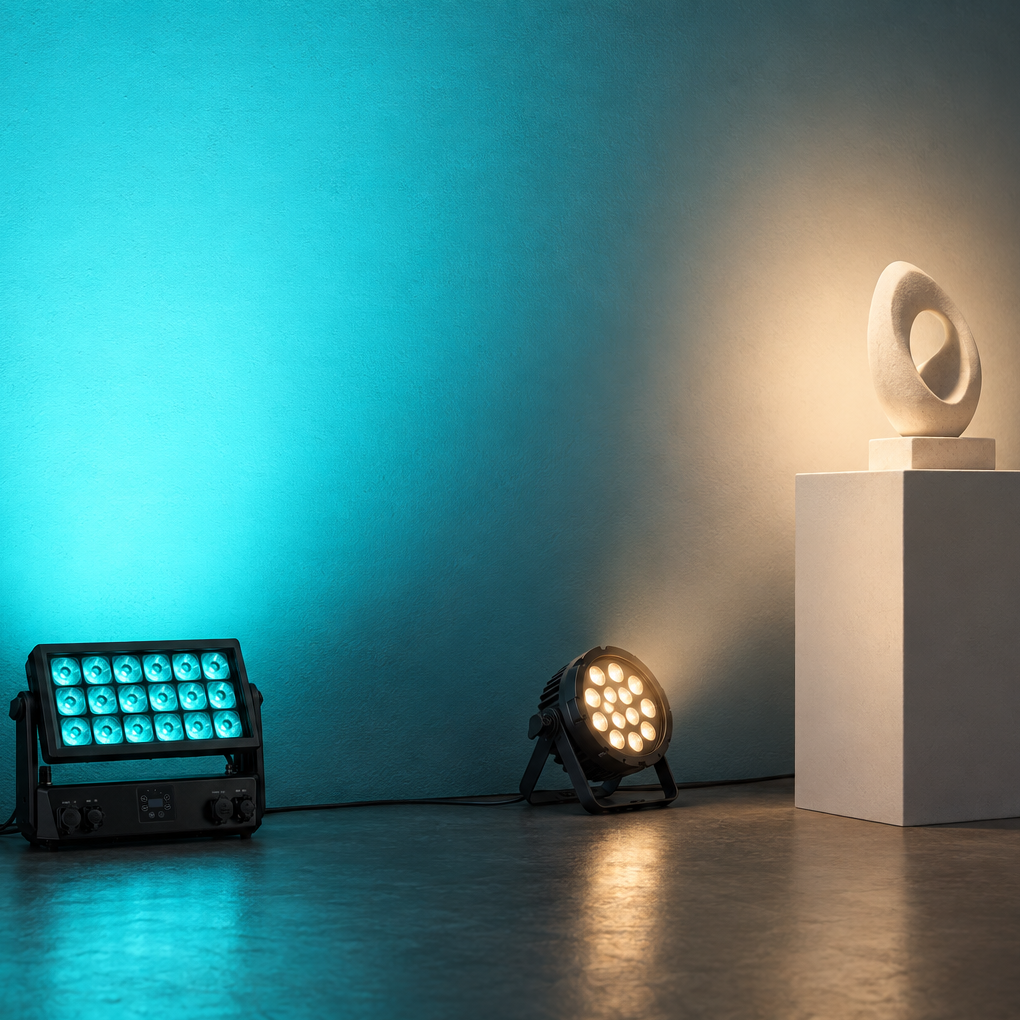 Визуализация цветовой заливки: GTO LED FLOOD освещает стену, PAR выделяет отдельный элемент декорации.